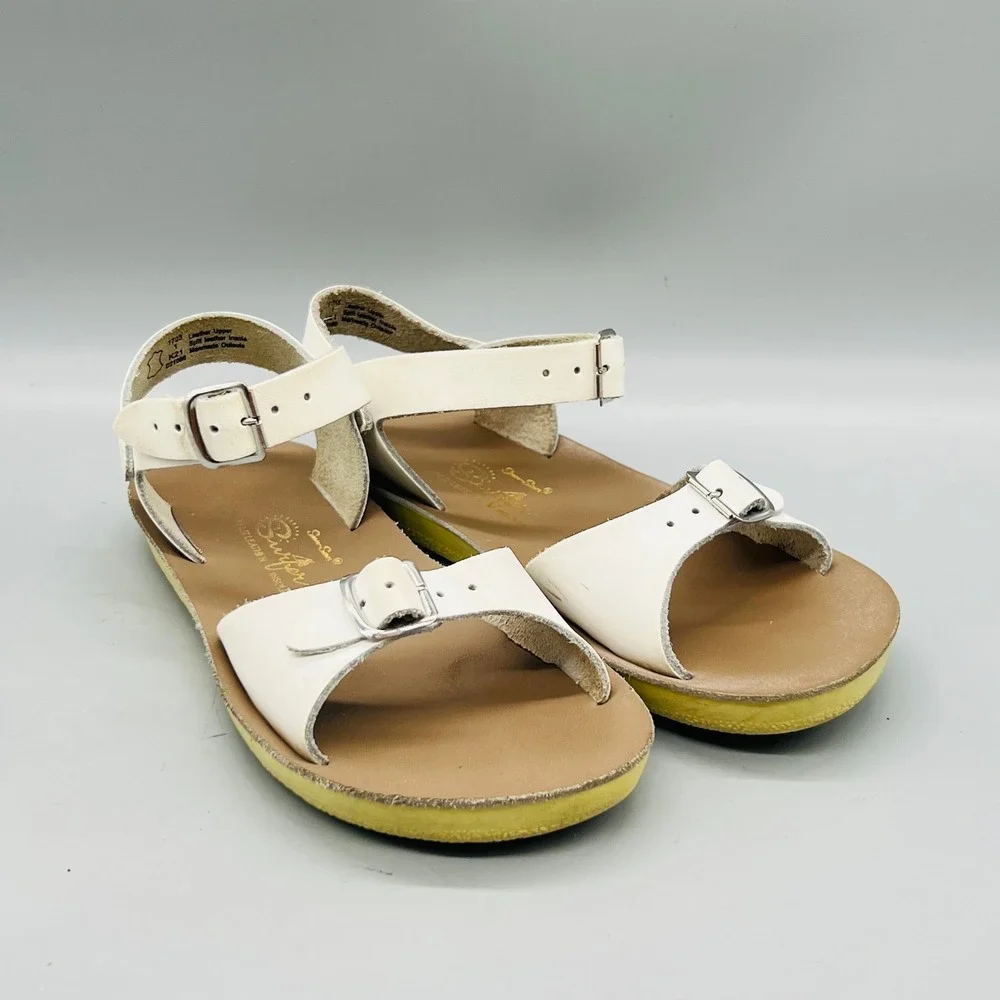 Sun San Sandals Girl 1 White Leather Surfer Adjustable Ankle Buckle Strap Shoes